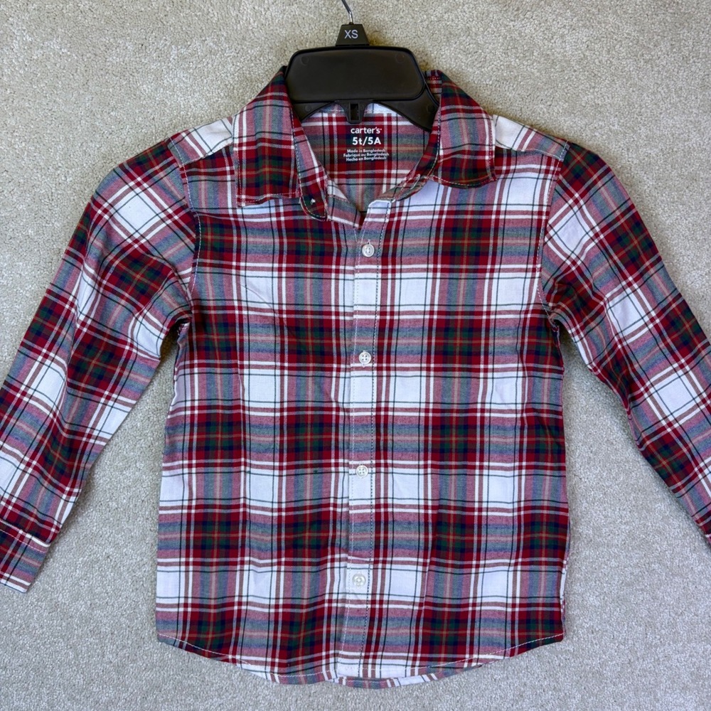 Carter's Plaid Button Down Shirt Toddler 5T Red White Green Long Sleeve Holiday